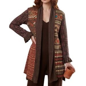 Sacred Threads Cardigan Womens Medium Mixed Floral Geo Design Ruffled Boho